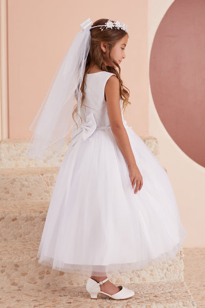 Elegant 3D Lace Tulle Tea Length First Communion Dress for Girls