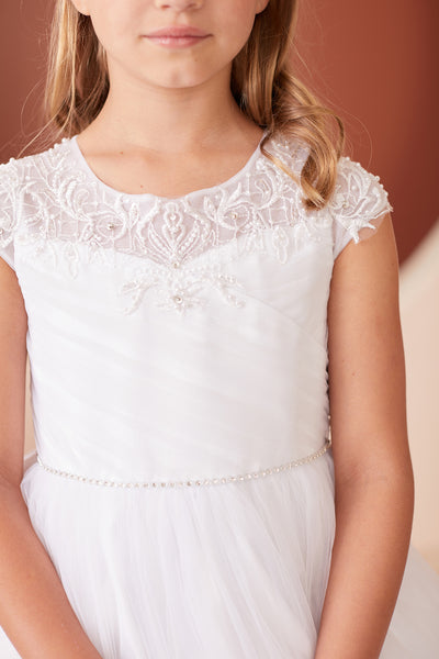 Shop Tea Length Tulle Communion Dresses With Chic Ruched Bodice