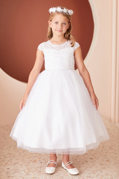 Shop Tea Length Tulle Communion Dresses With Chic Ruched Bodice