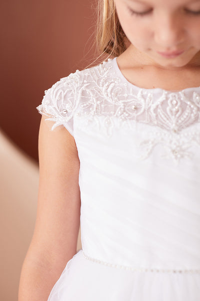 Shop Tea Length Tulle Communion Dresses With Chic Ruched Bodice