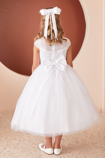 Shop Tea Length Tulle Communion Dresses With Chic Ruched Bodice