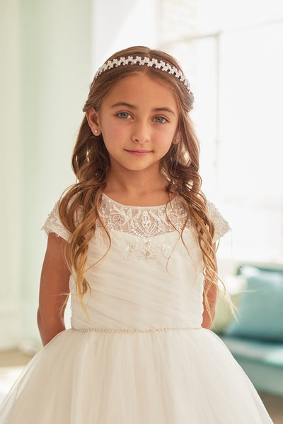 Shop Tea Length Tulle Communion Dresses With Chic Ruched Bodice