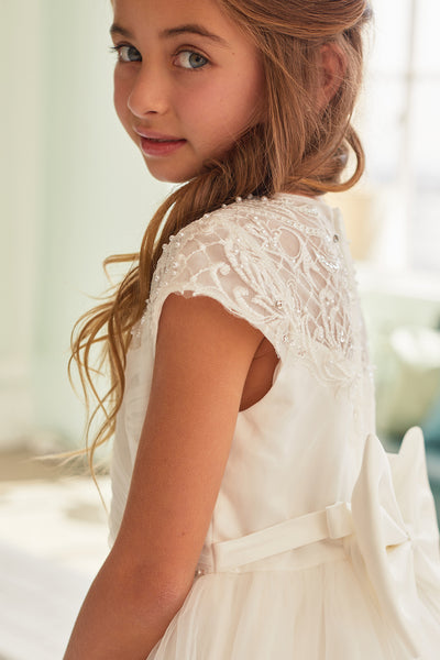 Shop Tea Length Tulle Communion Dresses With Chic Ruched Bodice