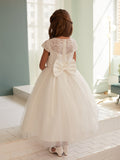 Shop Tea Length Tulle Communion Dresses With Chic Ruched Bodice