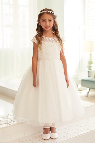 Shop Tea Length Tulle Communion Dresses With Chic Ruched Bodice