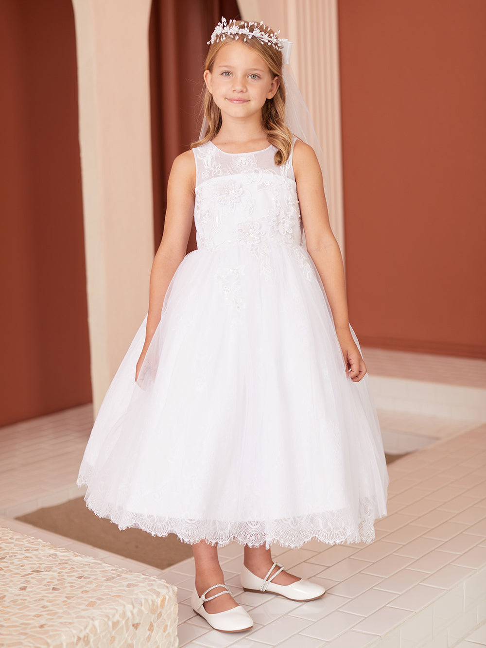 Flower Girl & Communion Tea Length Dress with Lace Details