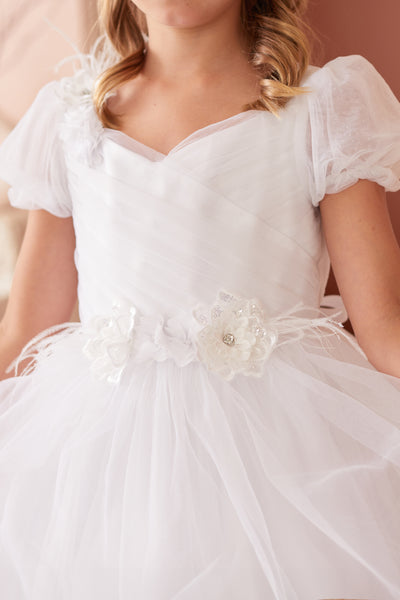 Girls Communion Gown with Exquisite 3D Flowers and Feathers