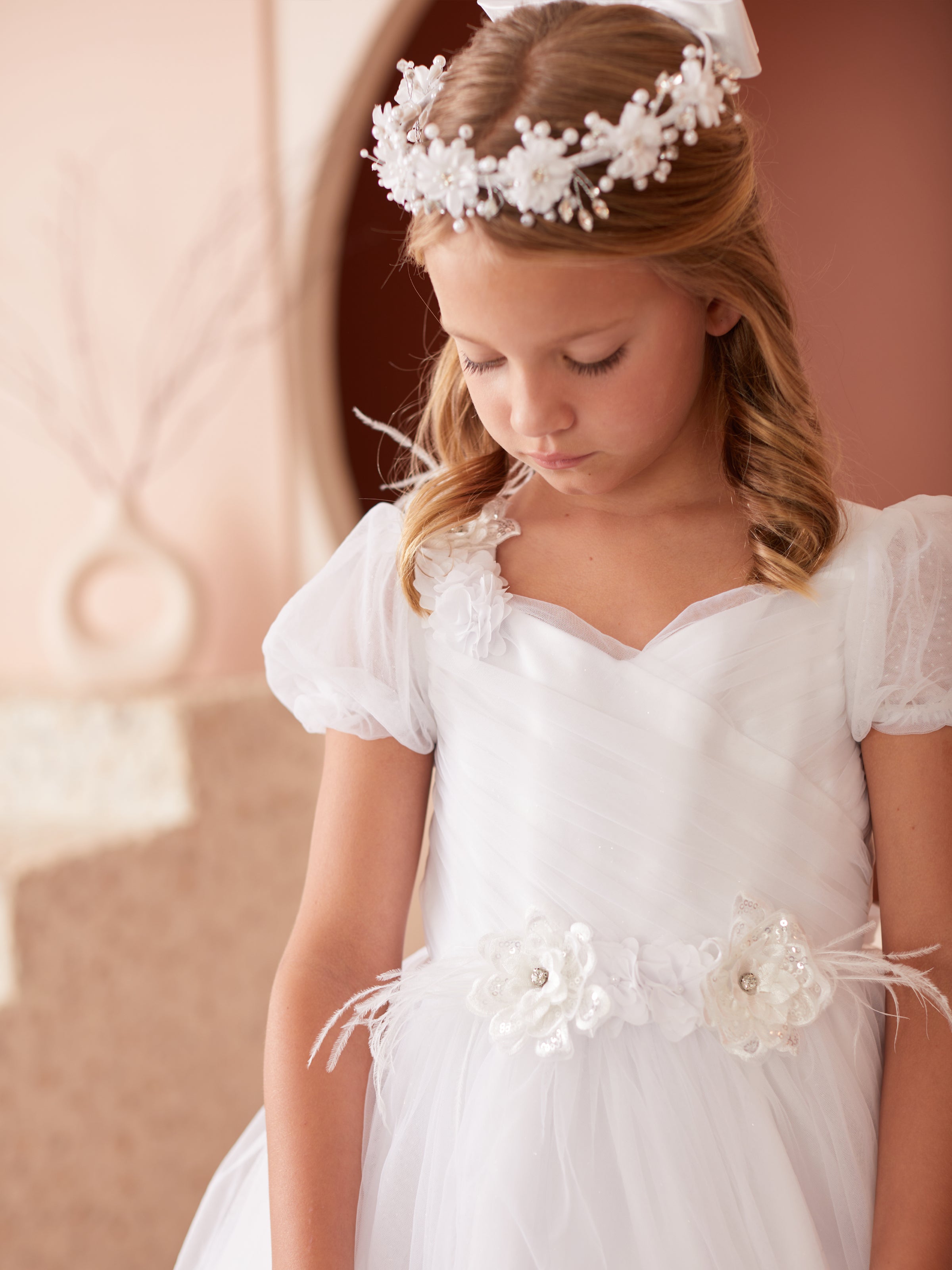 Girls Communion Gown with Exquisite 3D Flowers and Feathers