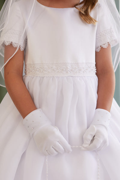 Lace-Adorned Satin Tulle Dress for Communion and Flower Girls