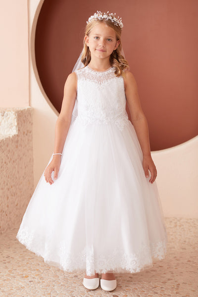 White Illusion Neckline Lace Communion Dress for Girls
