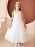 White Illusion Neckline Lace Communion Dress for Girls