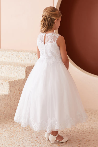 White Illusion Neckline Lace Communion Dress for Girls