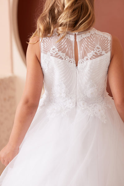 White Illusion Neckline Lace Communion Dress for Girls