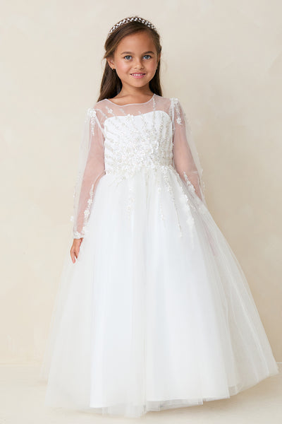 Charlotte Bloom Communion Dress – Elegant Long-Sleeve Lace Gown
