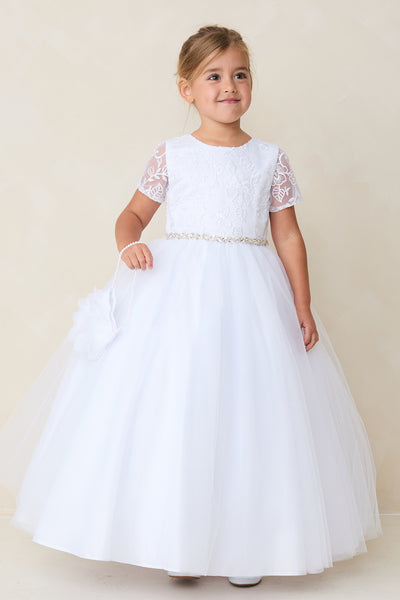 Kaylee Communion Dress - Elegant Lace & Tulle with Crystal Belt