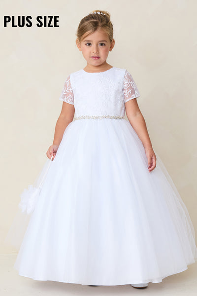Kaylee Communion Dress - Elegant Lace & Tulle with Crystal Belt
