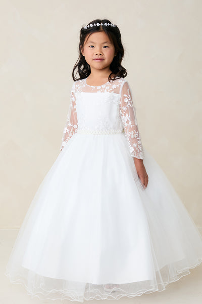 Gemma Lace Communion Dress with Elegant Pearl Waistline