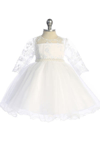 Baby Lace Pearl Dress – White Flower Girl 6-24M