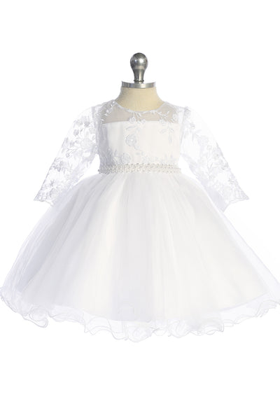 Baby Lace Pearl Dress – White Flower Girl 6-24M
