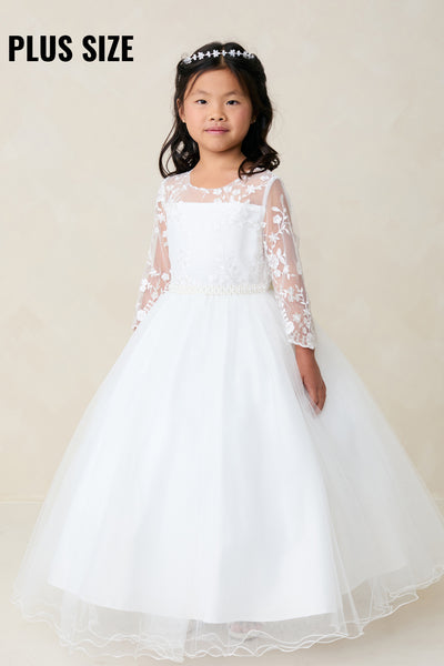 Gemma Communion Dress - Lace Mesh Gown with Pearl Accents