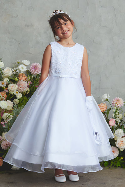 White Organza Ankle Length Communion Dress for Girls