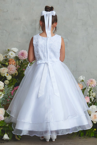 White Organza Ankle Length Communion Dress for Girls