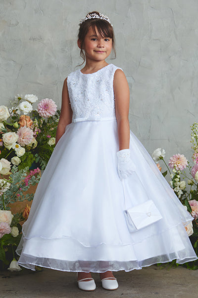 White Organza Ankle Length Communion Dress for Girls