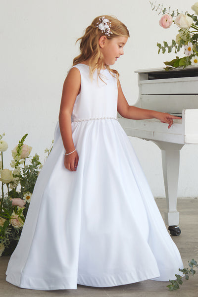 White Satin Flower Girl Dress with Bow – Lily Belle