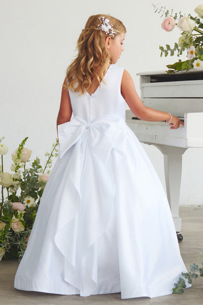 White Satin Flower Girl Dress with Bow – Lily Belle