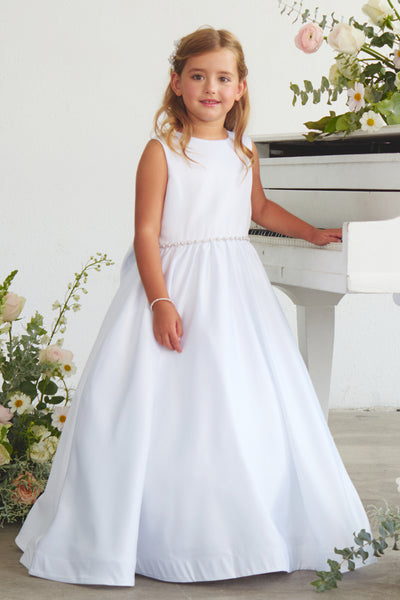 White Satin Flower Girl Dress with Bow – Lily Belle