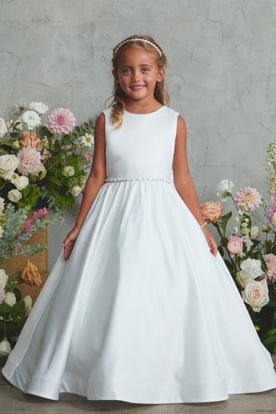 White Satin Flower Girl Dress with Bow – Lily Belle
