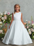 White Satin Flower Girl Dress with Bow – Lily Belle