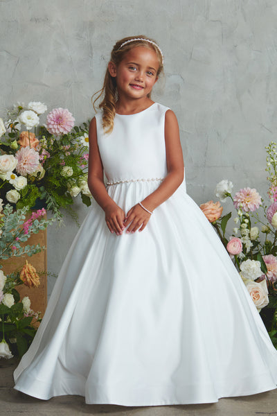 White Satin Flower Girl Dress with Bow – Lily Belle