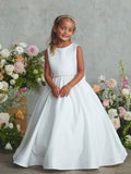 White Satin Flower Girl Dress with Bow – Lily Belle