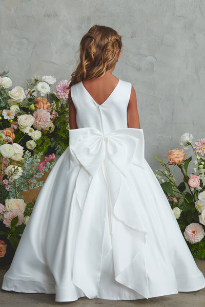 White Satin Flower Girl Dress with Bow – Lily Belle