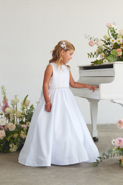 White Satin Flower Girl Dress with Bow – Lily Belle