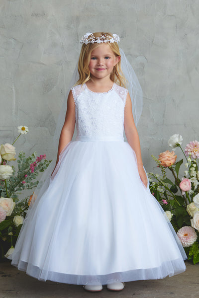 White Girls Ankle-Length Lace Communion Dress