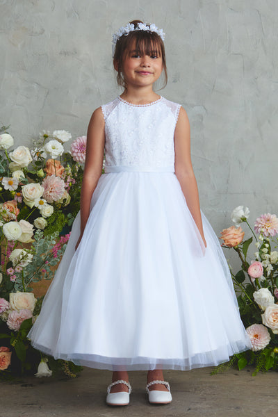White Lace Bodice Tulle Flower Girl Dress