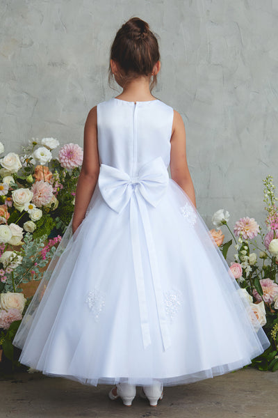 White Ankle-Length Communion Dress with Bow | Girls Special Occasion