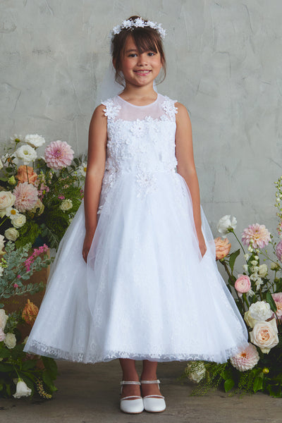 Girls White Lace Communion Dress – Ankle Length Special Occasion