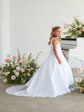 Satin Communion Dress with Lace Appliqué & Bow Back