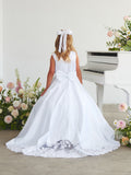 Satin Communion Dress with Lace Appliqué & Bow Back