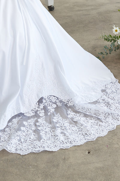 Satin Communion Dress with Lace Appliqué & Bow Back