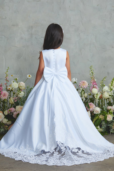 Satin Communion Dress with Lace Appliqué & Bow Back