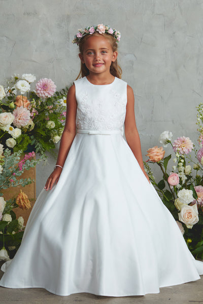 Satin Communion Dress with Lace Appliqué & Bow Back
