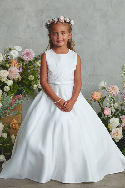 Satin Communion Dress with Lace Appliqué & Bow Back