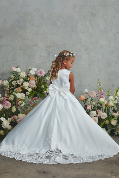 Satin Communion Dress with Lace Appliqué & Bow Back