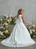 Satin Communion Dress with Lace Appliqué & Bow Back