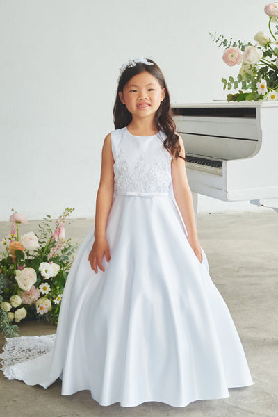 Satin Communion Dress with Lace Appliqué & Bow Back