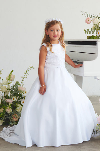 Satin Communion Dress with Lace Appliqué & Bow Back